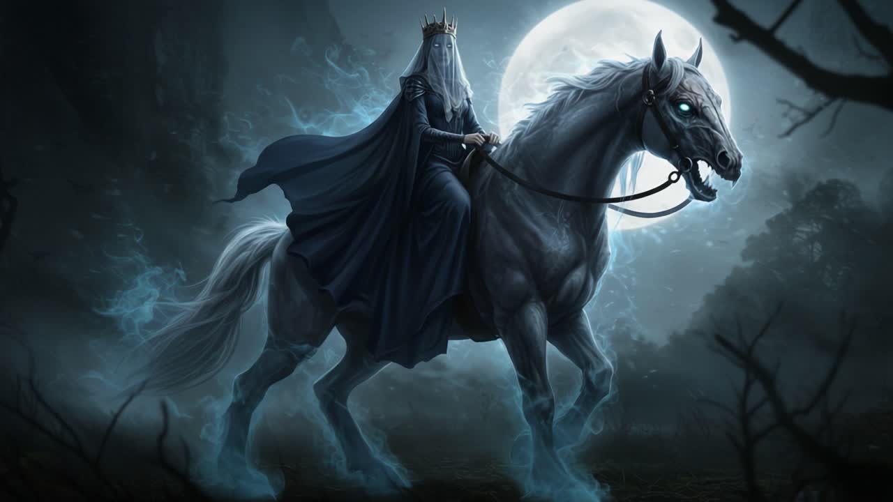 A spectral figure cloaked in dark robes rides a ghostly horse under the haunting glow of a full moon, integrating elements of fantasy and mystery in an ethereal landscape