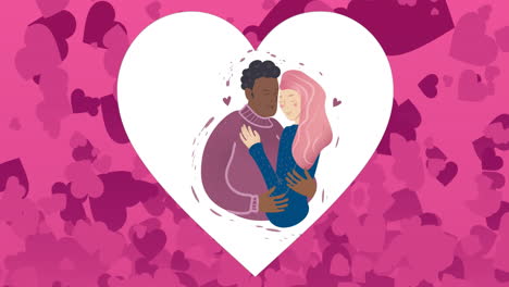 animación de la pareja abrazando el icono y los corazones en fondo rosa.