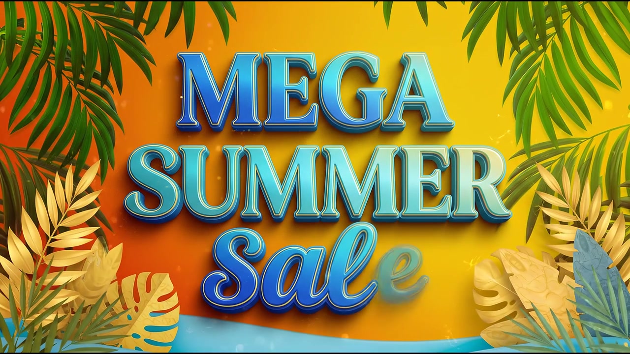 Animación promocional de Mega Rebajas de Verano con tipografía manuscrita y fondo de hojas de palma tropicales
