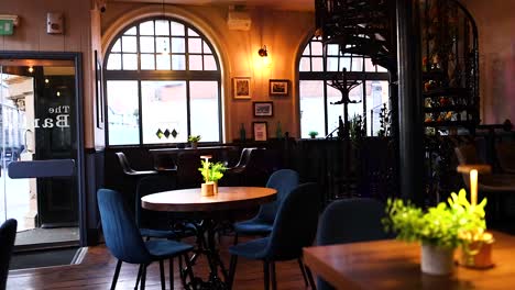 empty restaurant with warm lighting and decor