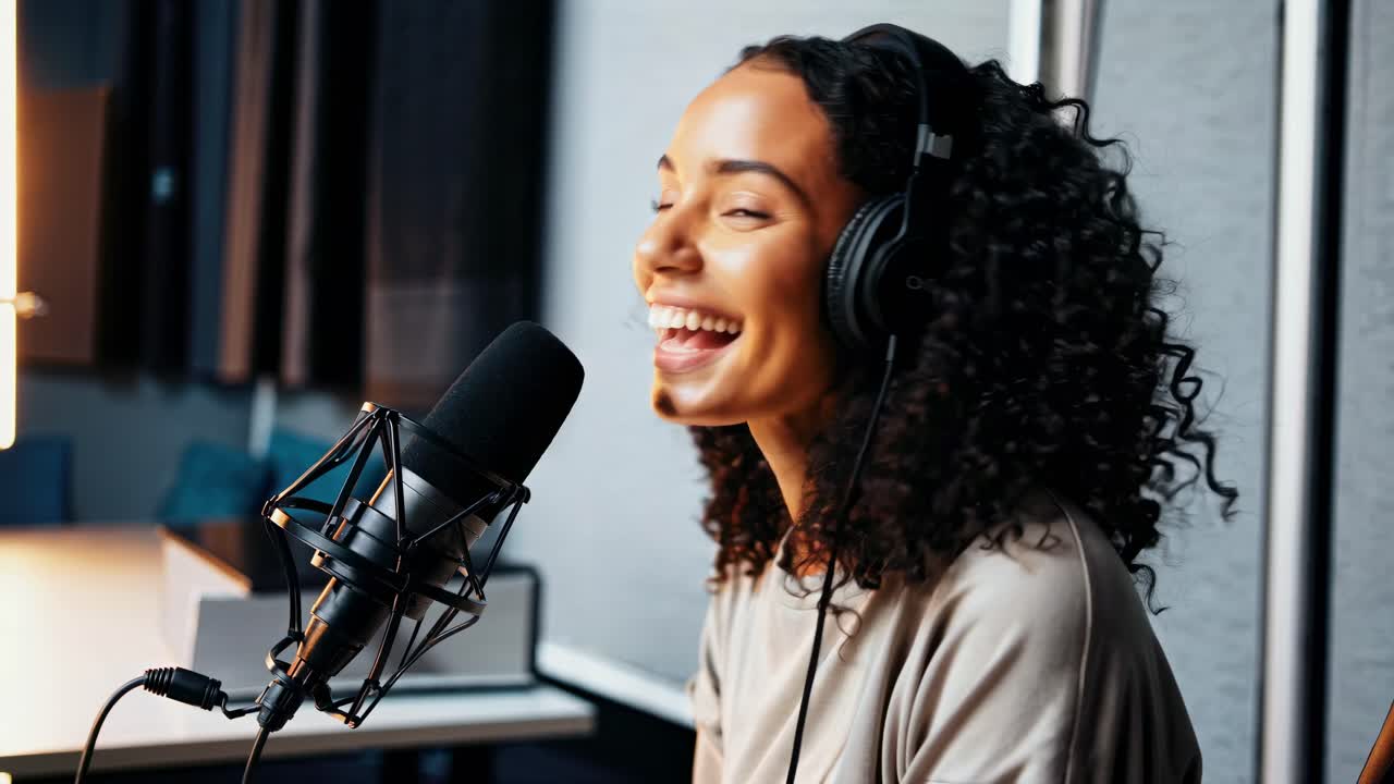 Video laterale di una donna con le cuffie che parla in un microfono, mentre registra un podcast o una trasmissione radiofonica