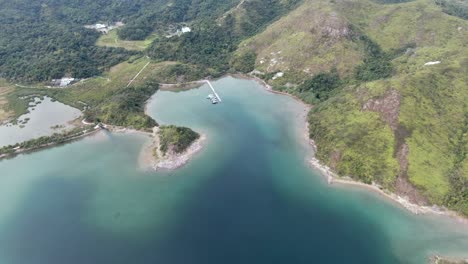 Hong-Kong-Island-landscape-with-green-hills,-unique-sand-strips-and-hidden-bays,-Aerial-view