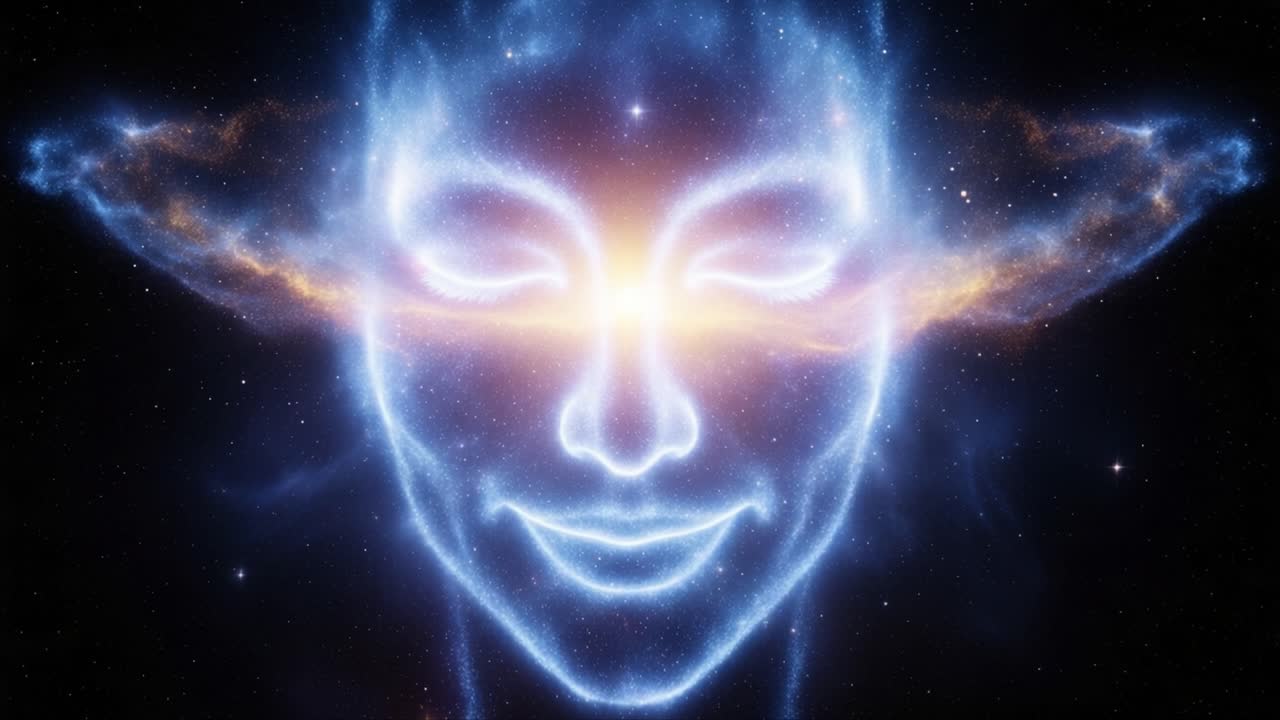 A Mesmerizing Cosmic Face: A Stunning Visual Representation of a Celestial Entity Surrounded by a Galaxy of Colors and Light, Evoking Wonder and Mystery