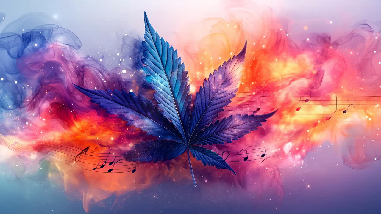 Colorful cannabis and music notes. A cannabis leaf is surrounded by colorful smoke and music notes, creating a lively and artistic atmosphere