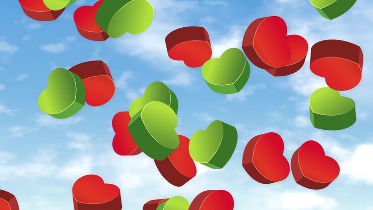 3D red and green heart shapes fall continuously against a bright blue cloudy sky background.