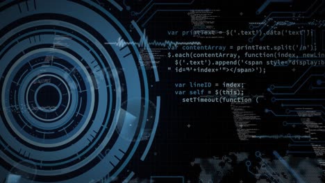 Animation-of-loading-circles,-circuit-board-pattern-and-computer-language-over-black-background