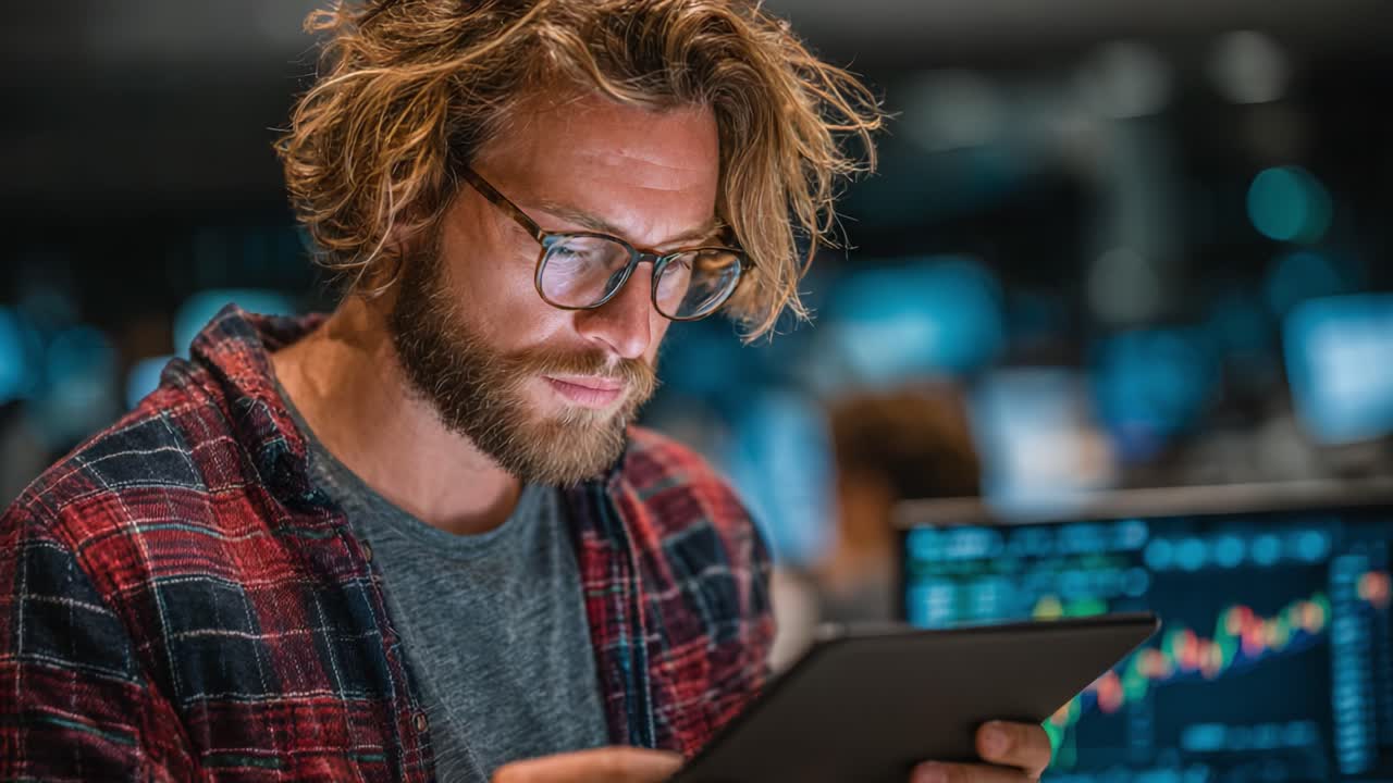 Focused Professional Analyzing Financial Data on Tablet in Modern Workspace Surrounded by Advanced Technology and Screens Displaying Graphs and Market Information