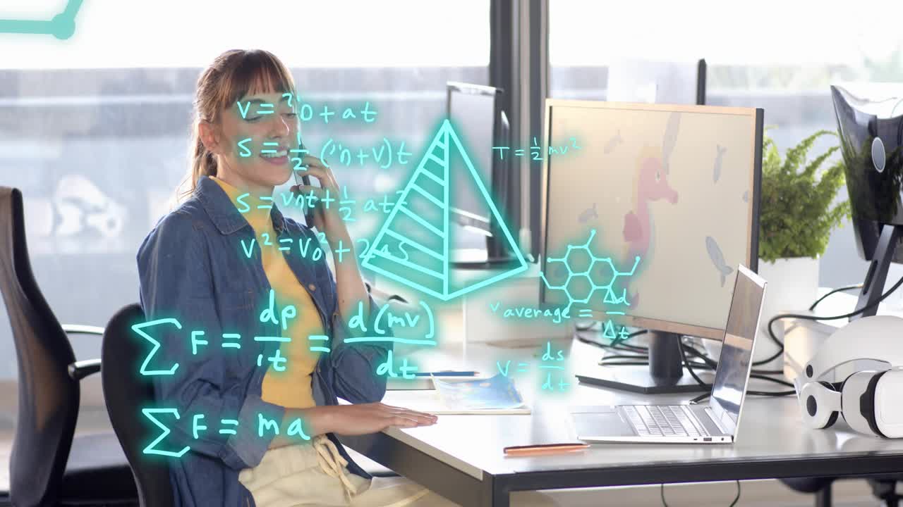 Woman typing on laptop, starting hexagon pyramid science visuals expanding, answering work call