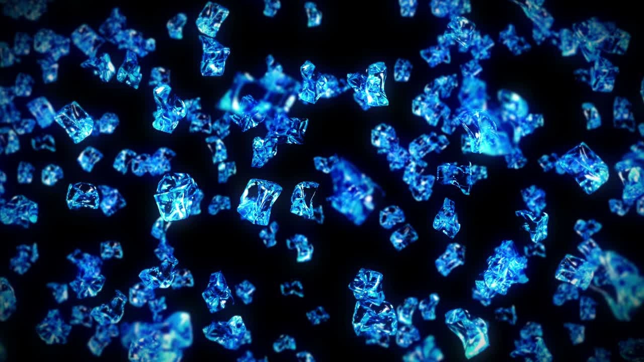 검은색 바탕에 많은 깨한 얼음 큐브를 날아. 부서진 얼음 조각, 자연 물. 부러진 얼음의 3d 애니메이션 회전. 루프 애니메이션.
