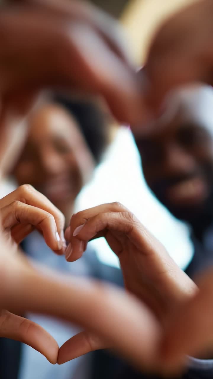 A joyful moment captured as two individuals create heart shapes with their hands, symbolizing love and connection, showcasing happiness and unity in a heartfelt scene