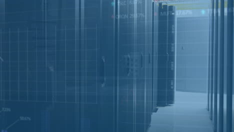 animación de múltiples gráficos y tablero de negociación que se mueve sobre la sala del servidor de datos