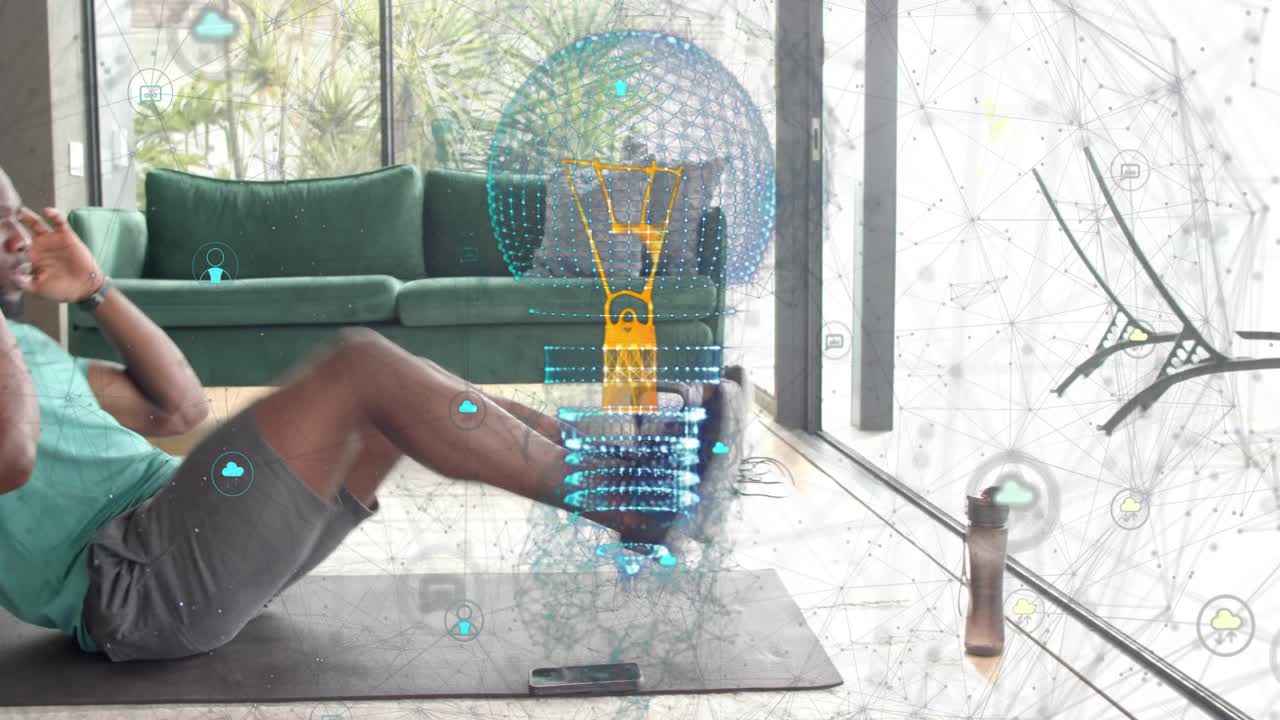 Man doing bicycle crunches on home mat while phone activating AR overlay highlighting core workout
