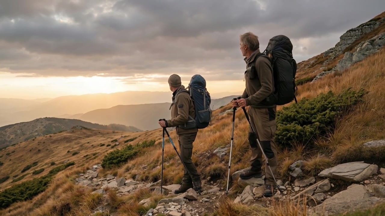 Due escursionisti anziani con zaini e bastoncini da trekking che camminano lungo un crinale di montagna durante un tramonto panoramico