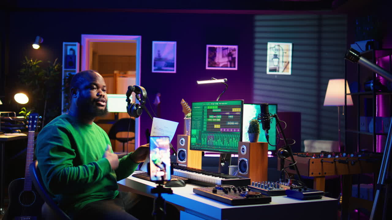 Artist pointing at musical sheet notation to explain notes on piano