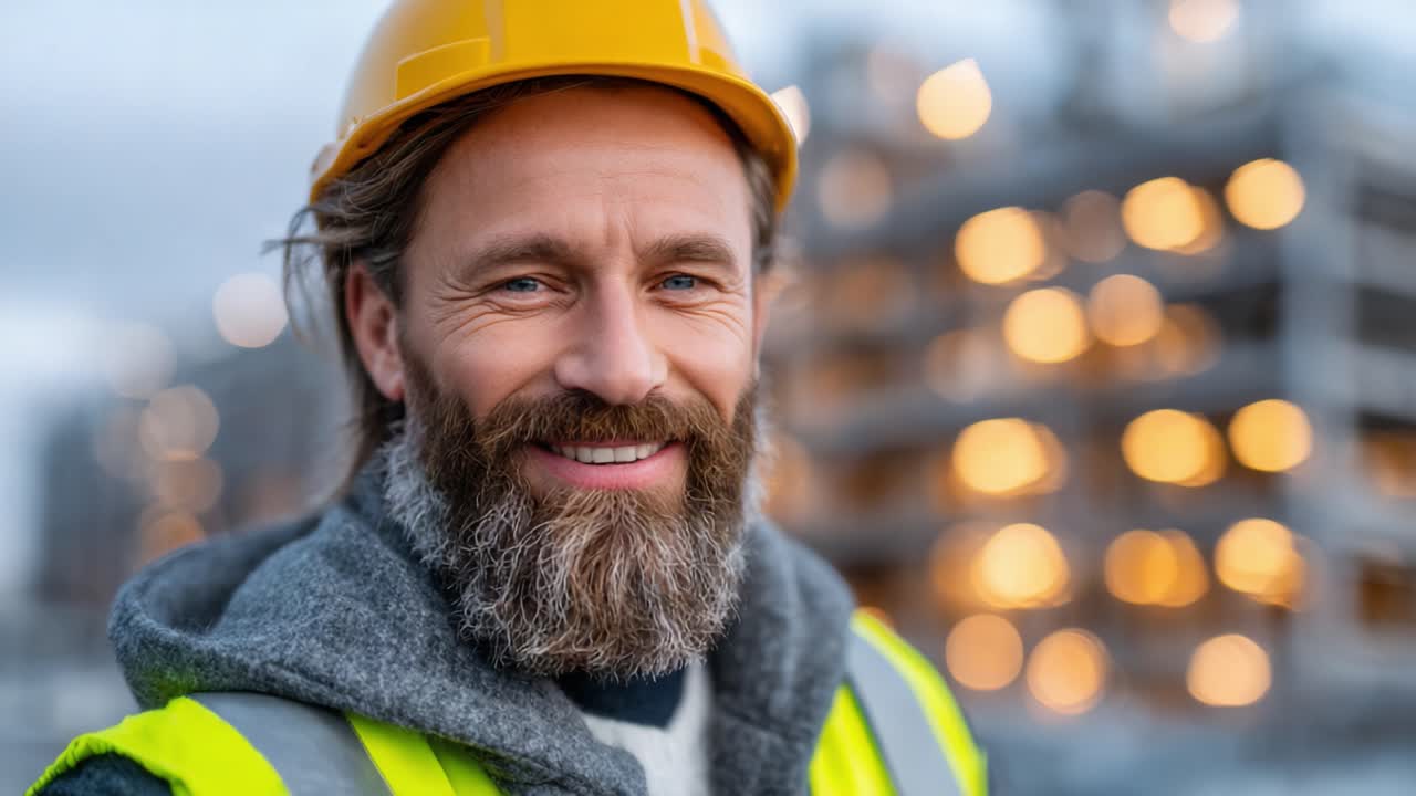 A cheerful construction worker in a safety helmet exuding confidence and positivity against a backdrop of a bustling construction site lit up in the evening glow
