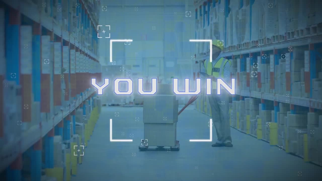 여러분이 뷰파인더에서 텍스트를 이기는 애니메이션, 백인 남자가 창고에 카드보드 상자를 놓고