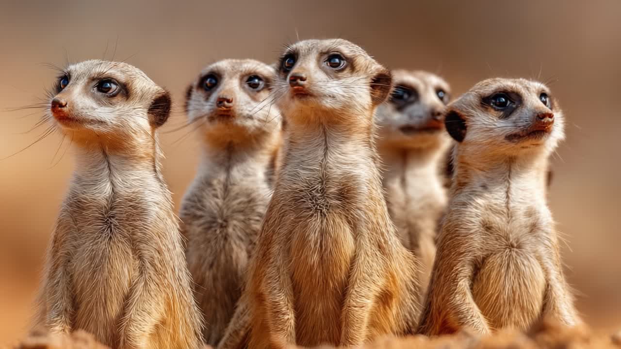 A Family of Meerkats Standing Alertly Together in Their Natural Habitat, Showcasing Their Unique Expressions and Social Behavior as They Observe Their Surroundings