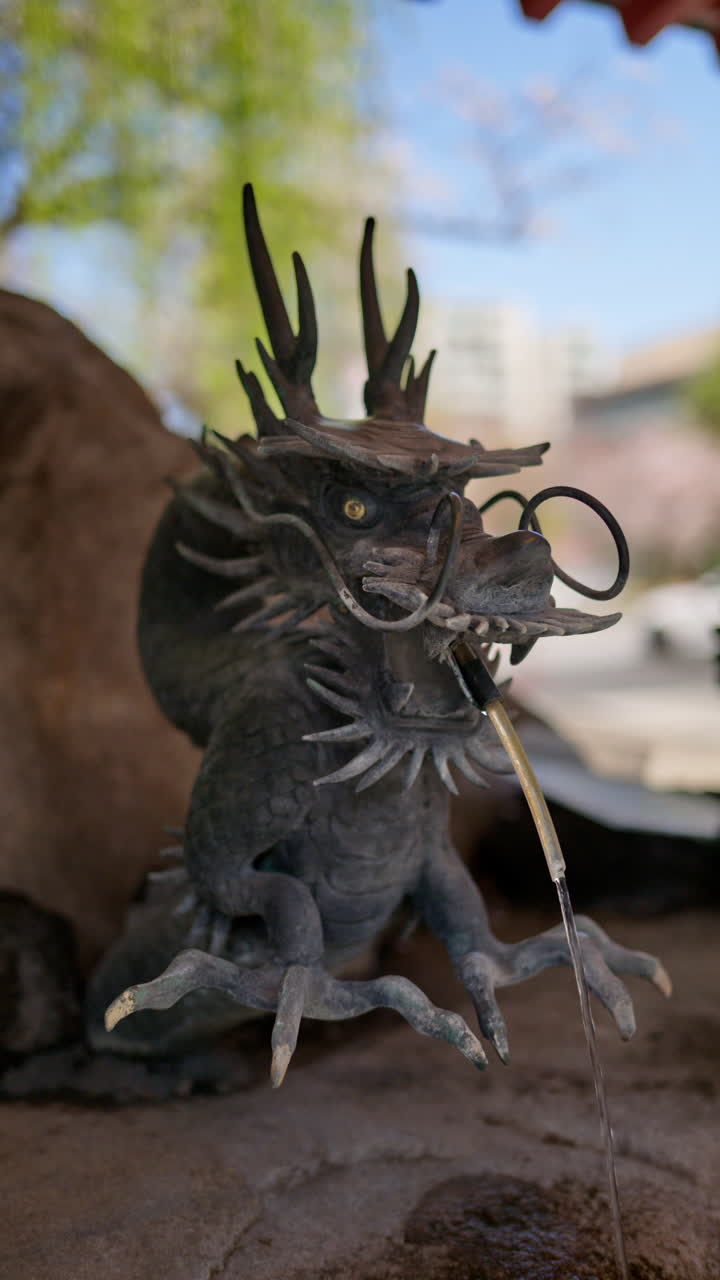 Dragon stone sculpture at the Senso-ji temple in daylight in Asakusa, Japan. Vertical