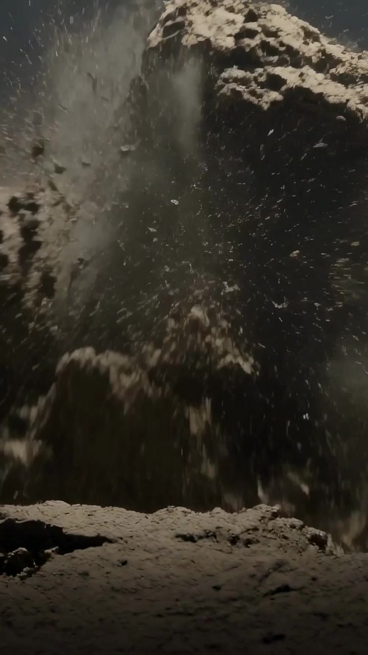 Video verticale: Cumulo centrale che erutta dopo una scossa, inviando polvere su una piattaforma da studio, con luce dall'alto.