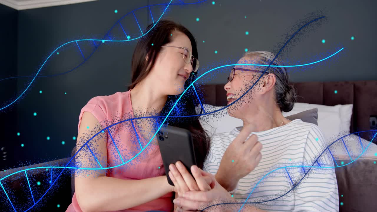 Daughter tapping phone, starting helix over faces, mom laughing and hugging, sharing health result