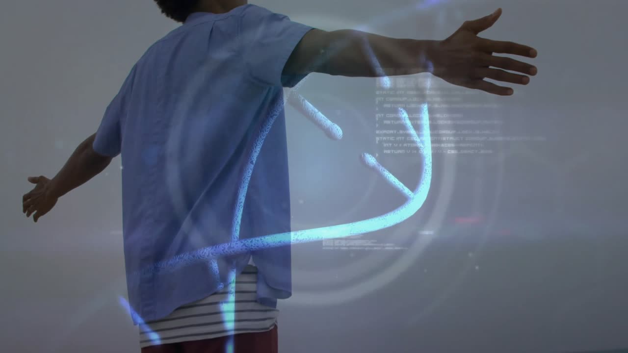 Man standing with arms extended in medical lab, projecting holographic DNA helix and code overlay