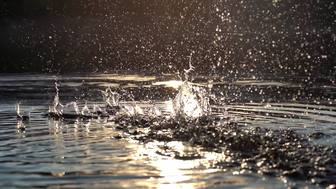 일몰 빛의 배경에 물 표면에 물보라의 슬로우 모션 영상