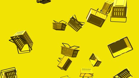 yellow plastic shopping baskets on yellow background.