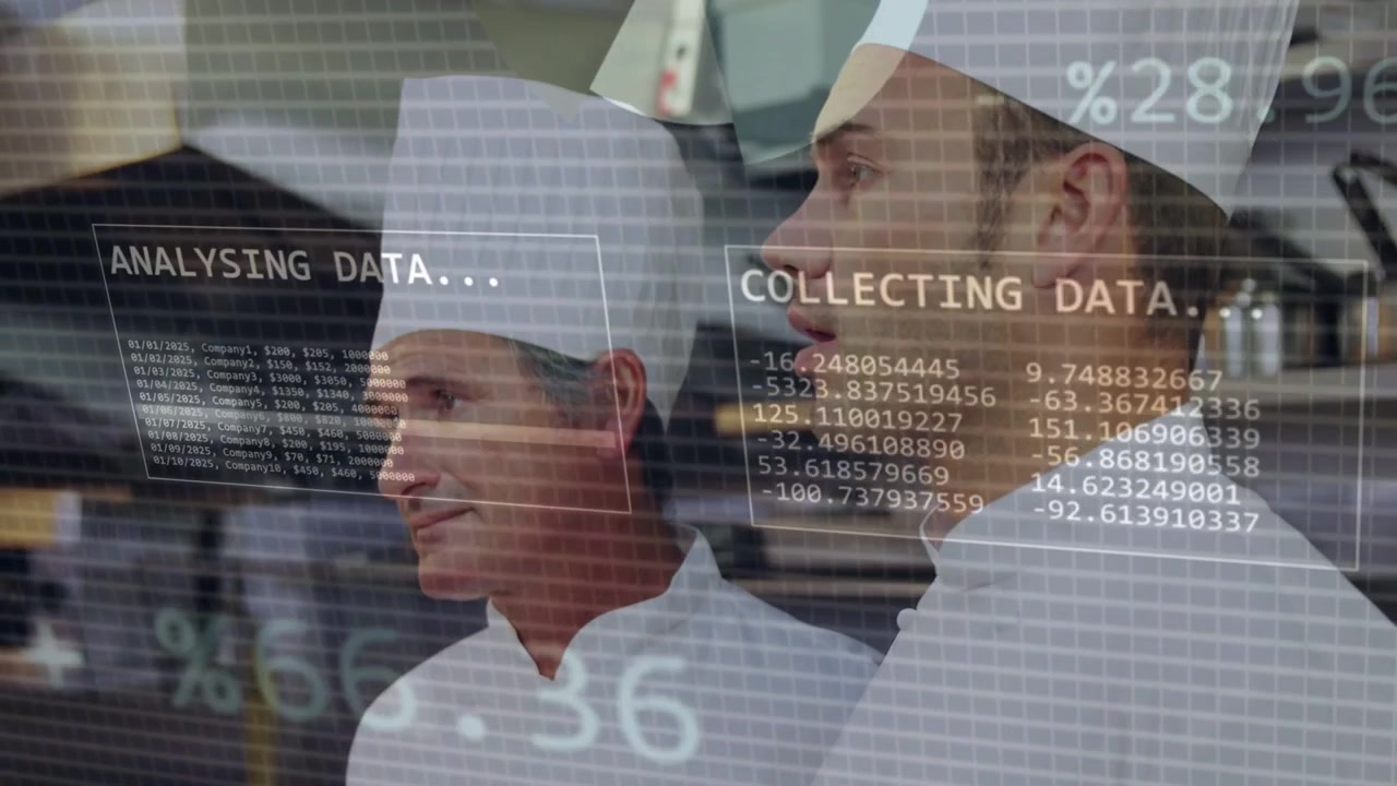 Three chefs watching kitchen as HUD charts overlaying team, gathering data optimizing workflow