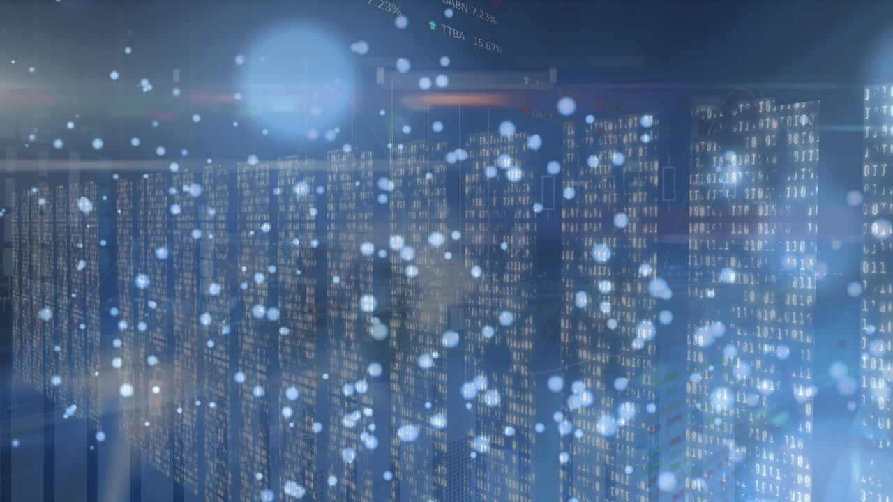 Animation of data processing and dots of light on black background