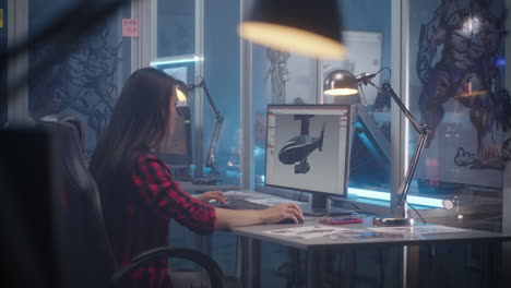 female designer working on 3d model in a modern design studio