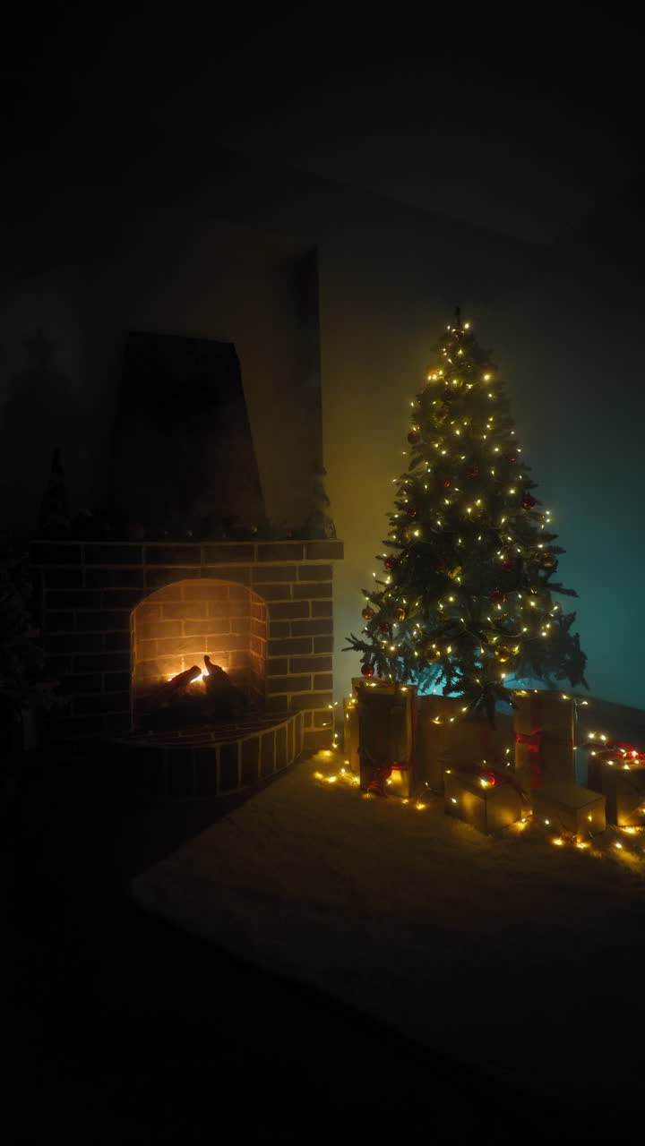Árvore de Natal perto da lareira em uma aconchegante casa de montanha