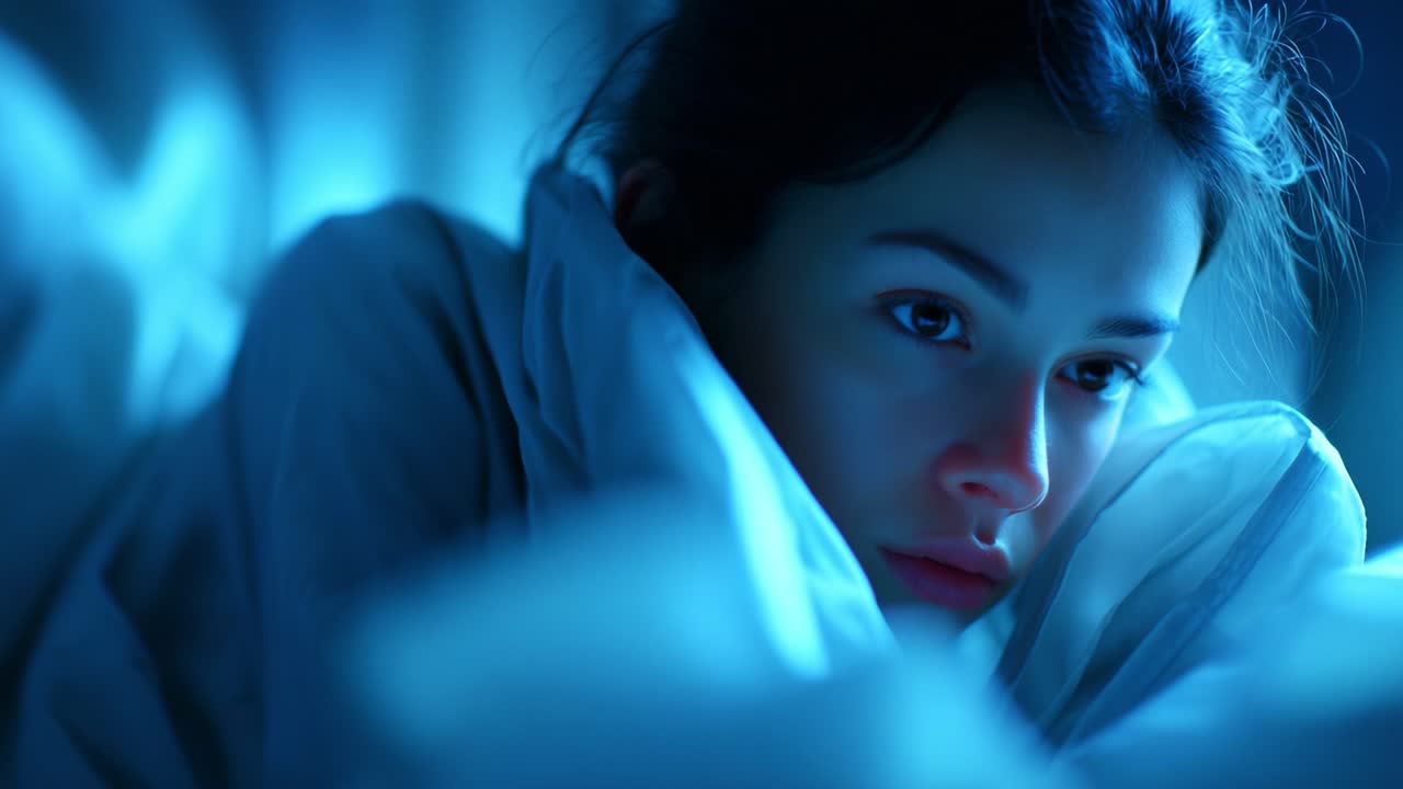 A contemplative young woman lost in thought under soft blue light, wrapped in a cozy blanket, reflecting emotions and inner thoughts in a serene atmosphere