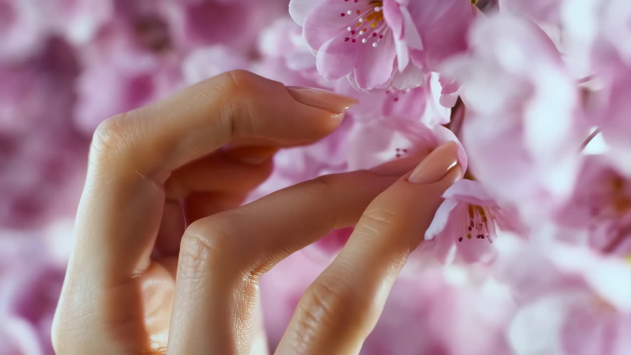 Woman's Hand Gently Touching Pink Cherry Blossoms