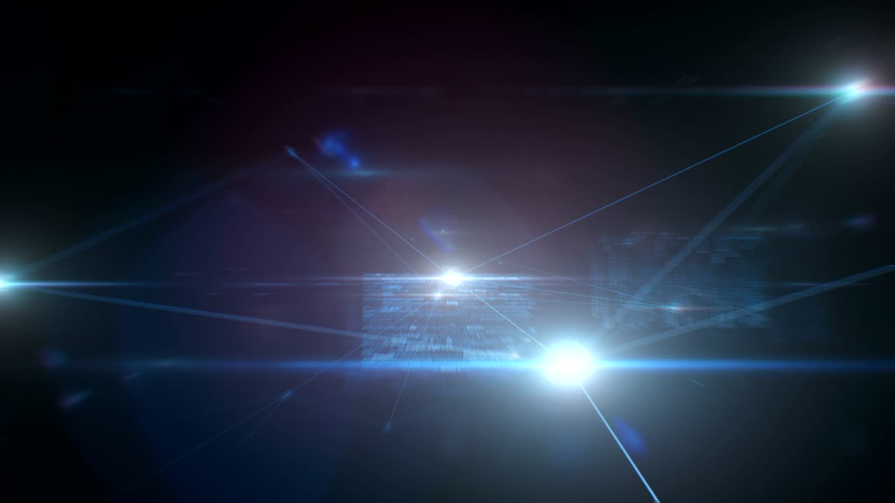 Beautiful Flight Trough the Software Elements and Data Connections. Looped 3d Animation with Blue Data, Flashes and Flares. Business and Technology Concept.