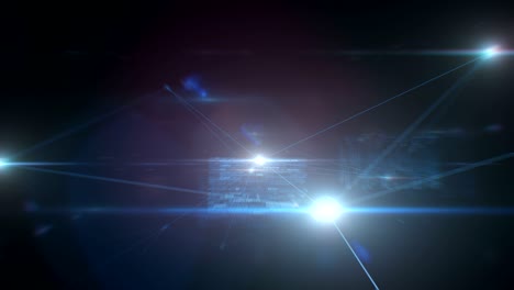 hermoso vuelo a través de los elementos de software y conexiones de datos. animación en bucle 3d con datos azules, destellos y llamaradas. concepto de negocios y tecnología.