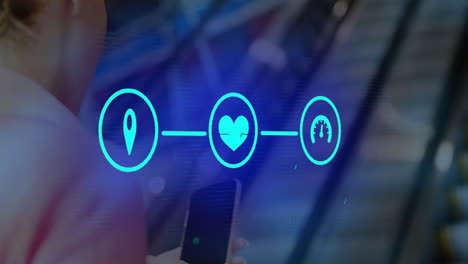 Animación-Del-Diagrama-De-Flujo-De-íconos-Sobre-Una-Mujer-Caucásica-Desplazándose-Por-El-Teléfono-Celular-Mientras-Usa-Una-Escalera-Mecánica