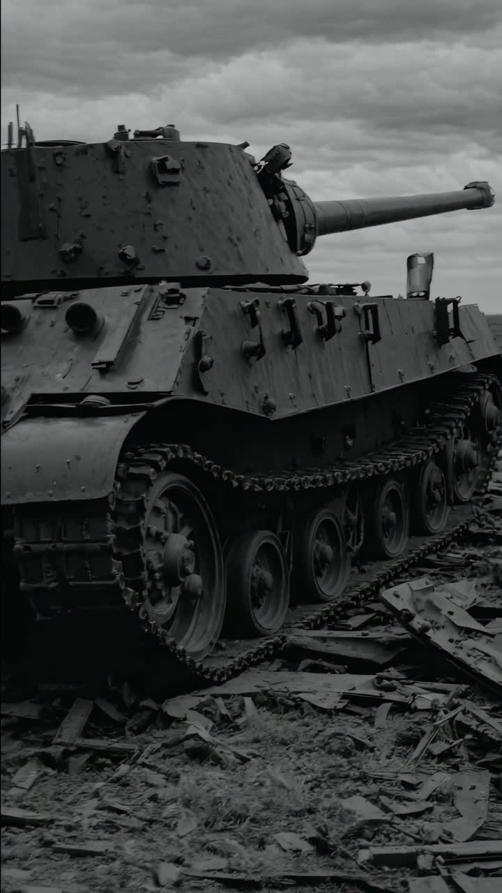 A dramatic low-angle shot of a vintage tank on rugged terrain, evoking a historical war video scene