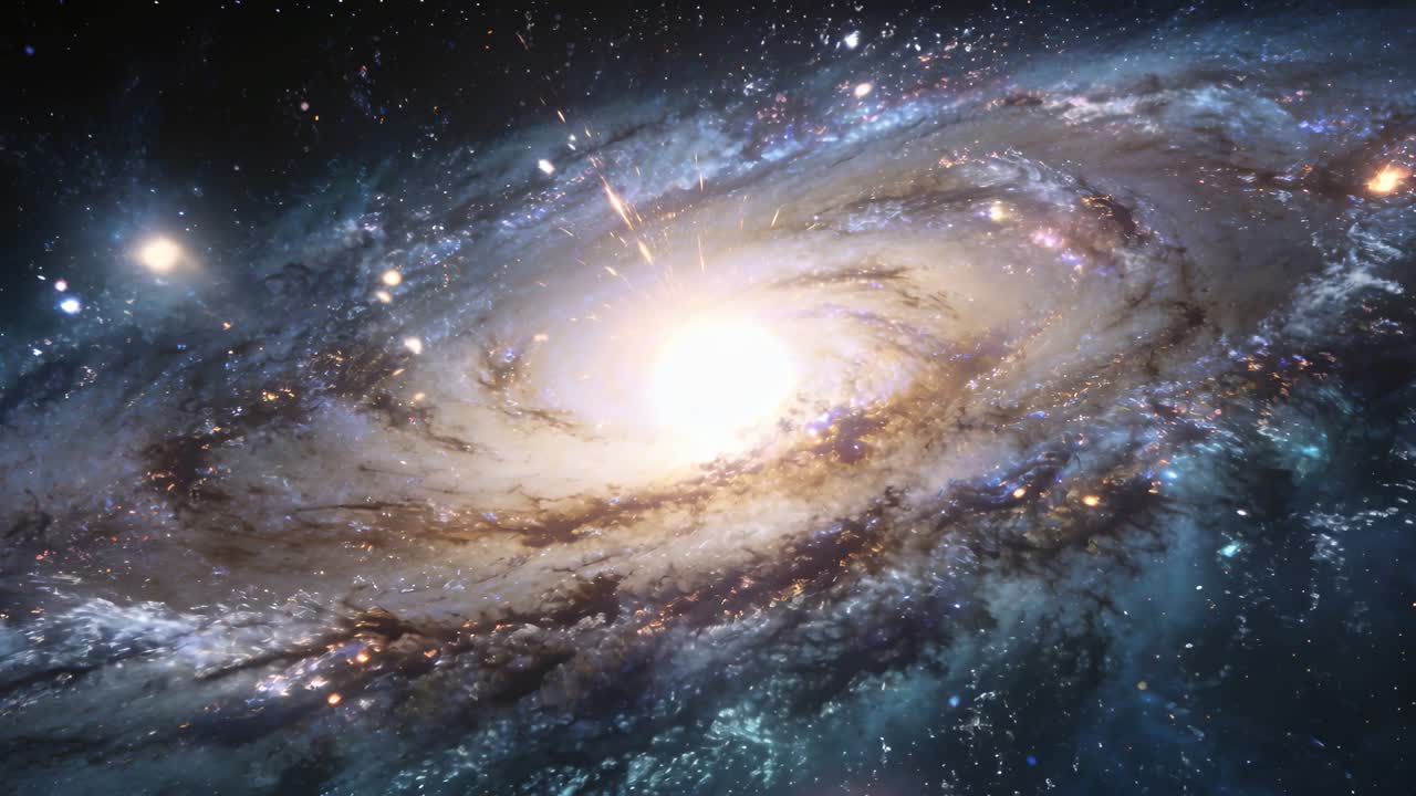 Spiralgalakse roterer, mens kameraet panorerer og zoomer og afslører kerne og stjerner for astronomi.