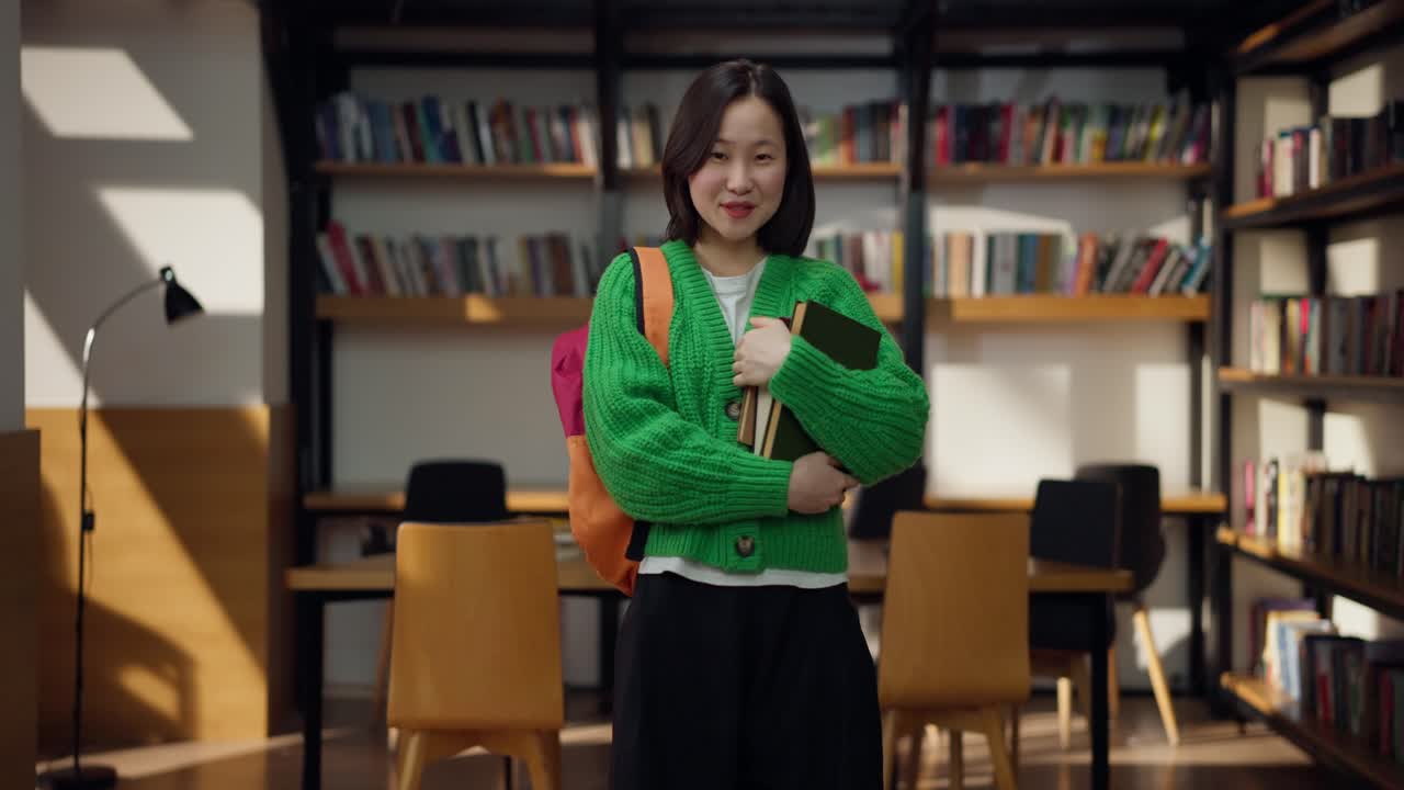 una mujer joven estudiando en una biblioteca.