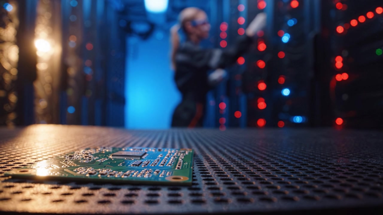 A focused view of a circuit board in a data center, with a technician in the background monitoring equipment amidst glowing LED lights of server racks.