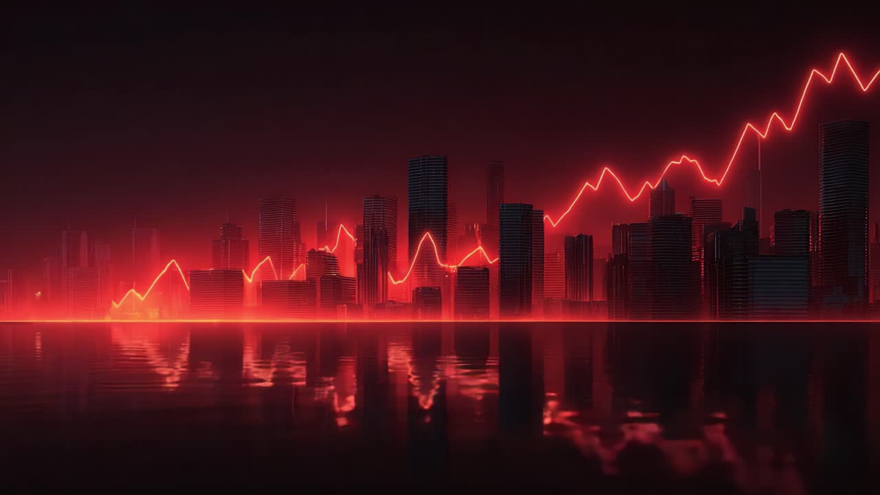 Red neon graph line showing bullish market trends rising over a dark futuristic cityscape with water reflection, representing economic growth, stock market success, and financial analysis