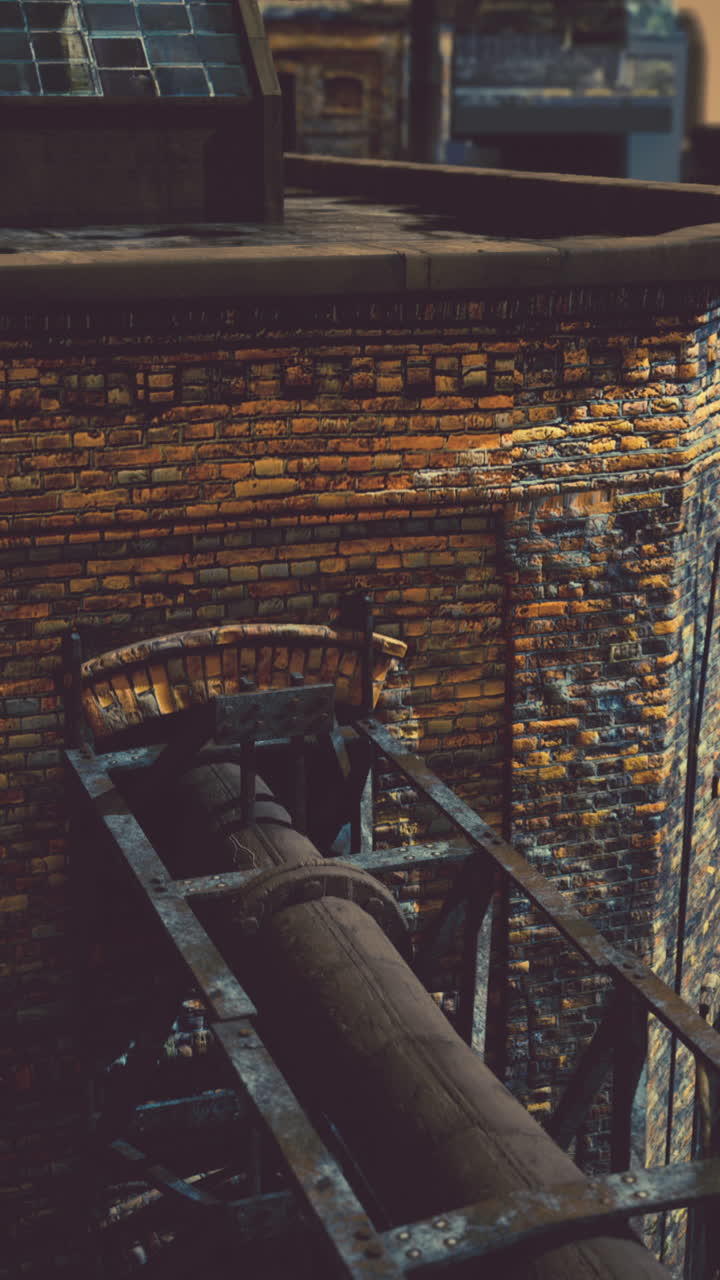 벽돌 벽 을 따라 달리는 녹말 한 금속 파이프 의 근접