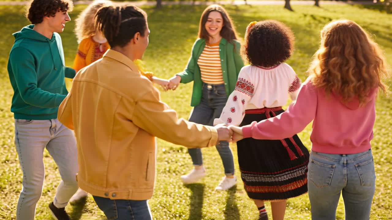 Sich an den Händen haltend, tanzen sechs Teenager im Kreis auf einer sonnigen Parkwiese, eine davon mit besticktem Kleid, und haben Spaß.