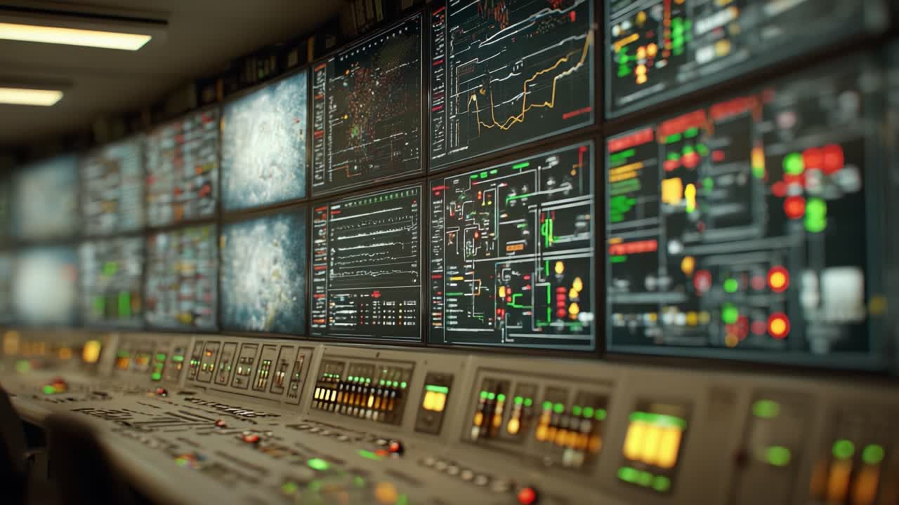 Advanced Control Room with Multiple Monitors Displaying Complex Data Visualizations and Interactive Controls for Monitoring Various Systems and Operations in Real Time