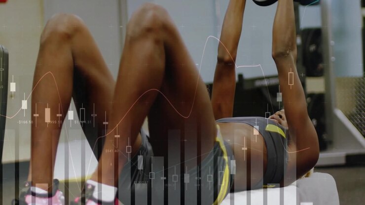 Animazione di elaborazione dati finanziari su una persona che si allena con manubri in palestra.