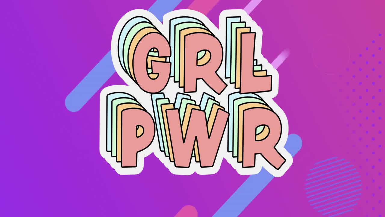 Animation of girl power text and abstract shapes moving over purple background