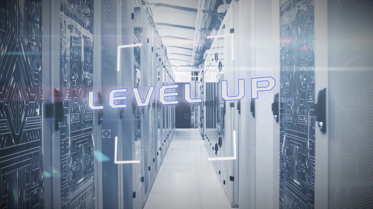 Animation of scope scanning over level up text and microprocessor connections against server room