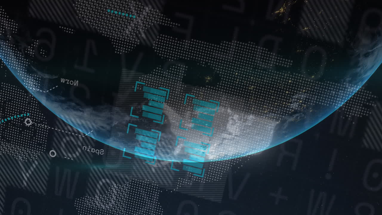 Animation of globe and financial data processing over black background