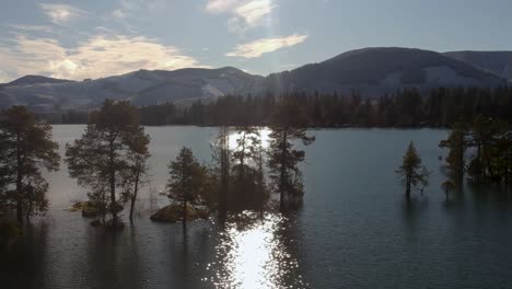 drone shot of cowichan lake on vancouver island british columbia canada overlooking frosty mountain , lake ,sunset, small submerged small islands and forest