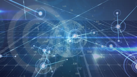 animation of network of connections and globe over solar panels